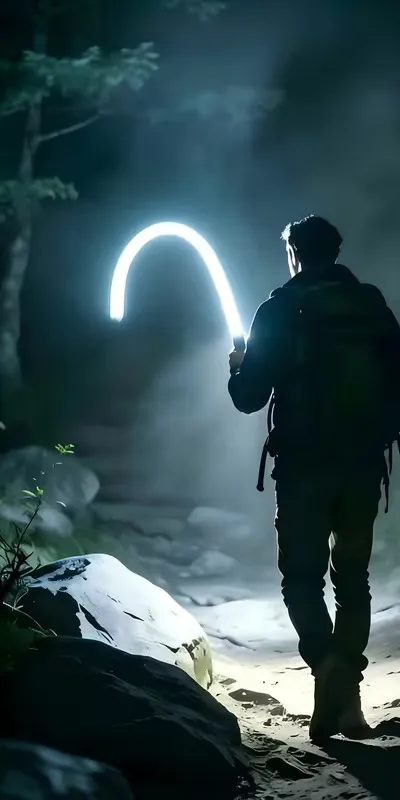 Person walking a dark trail with the Nagslang Flex glowing