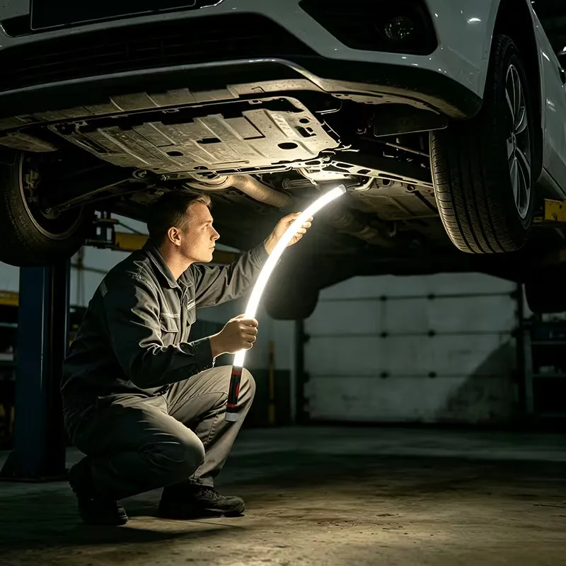 Mechanic lighting the underside of a car with the Nagslang Flex